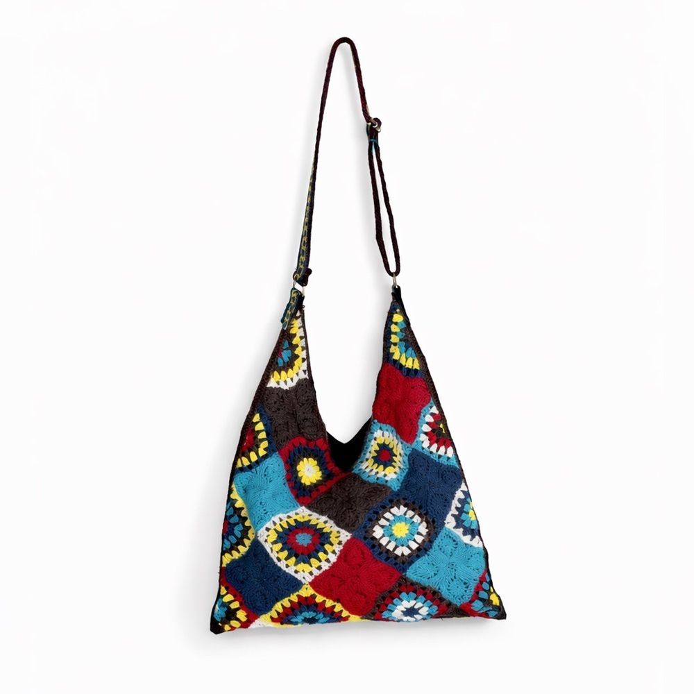 Boho Crochet Shoulder Bag Reversible Granny Square & Striped Design Handmade